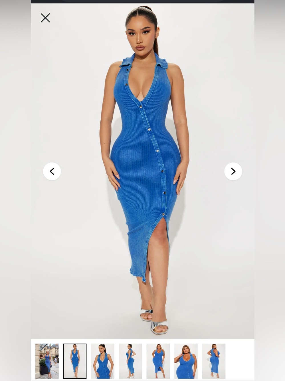 Blue Ribbed Button-Accent Midi Dress - Picture 2 of 7
